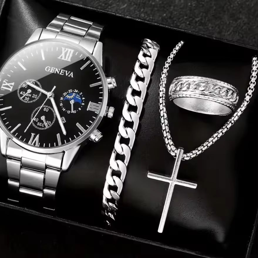 Fashion Roman Scale Quartz Wristwatch 4pcs Set Men