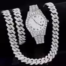 3pcs/set Necklace+Bracelet+Watch Cuban Chain Watch for Men