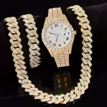 3pcs/set Necklace+Bracelet+Watch Cuban Chain Watch for Men