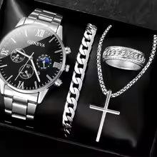 Fashion Roman Scale Quartz Wristwatch 4pcs Set Men